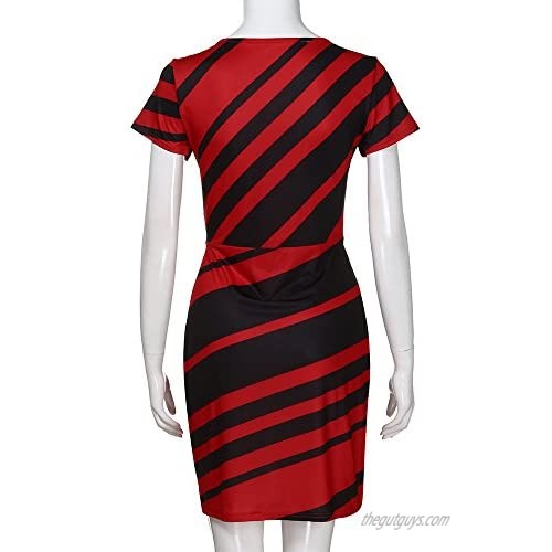 KASAAS Work Dresses for Women Stripe Round Neck Cap Sleeve Tie Waist Fashion Office Summer Slim Pencil Mini Dress