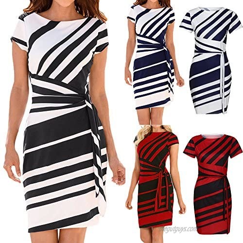 KASAAS Work Dresses for Women Stripe Round Neck Cap Sleeve Tie Waist Fashion Office Summer Slim Pencil Mini Dress