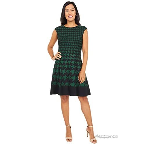 London Times Women's Houndstooth Print Extended Cap Sleeve Fit and Flare Dress