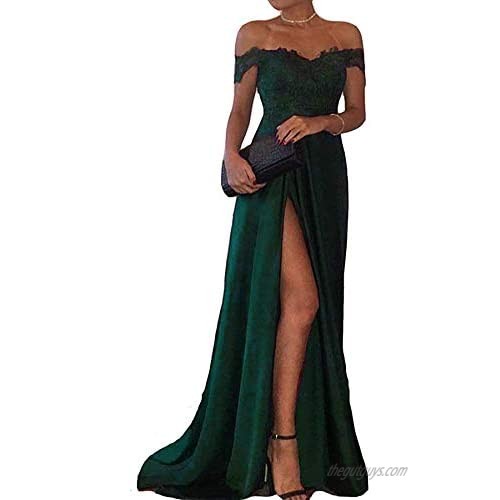 MARSEN Lace Appliques Satin Off The Shoulder Prom Dresses Long Double V-Neck Formal Gowns for Women