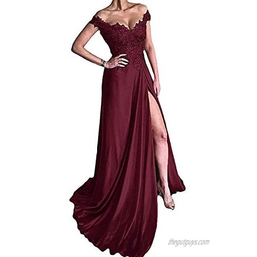 MARSEN Lace Appliques Satin Off The Shoulder Prom Dresses Long Double V-Neck Formal Gowns for Women