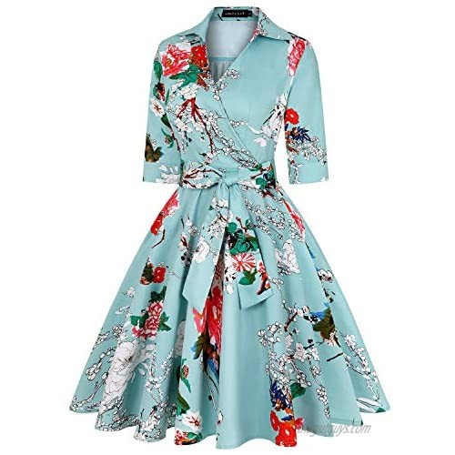 MINTLIMIT Womens 1950s Vintage Retro Dress 3/4 Sleeve Collar Wrap Deep-V Neck Swing Dresses Pockets
