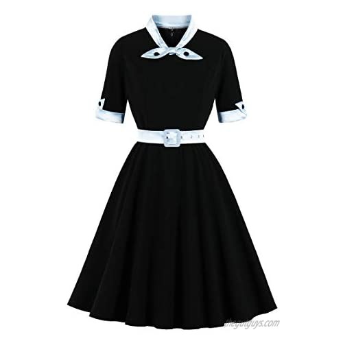 Wellwits Women's 1/2 Half Sleeves Sailor Tie Neck 1940s Retro Vintage Dress