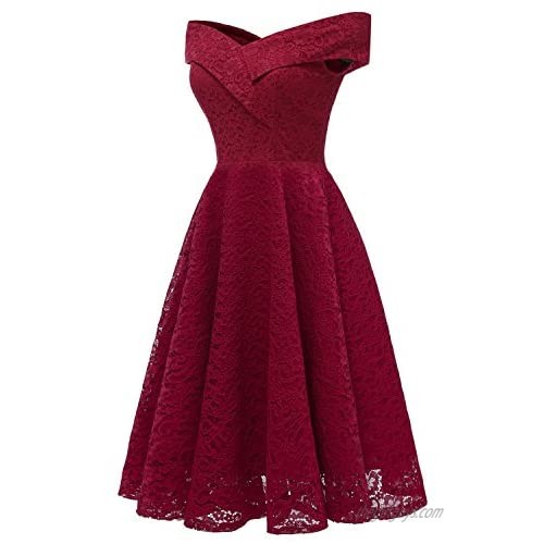 Women Vintage Lace Formal Dress for Cocktail Ball Party Burgundy XL