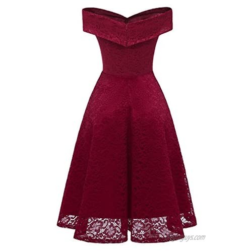 Women Vintage Lace Formal Dress for Cocktail Ball Party Burgundy XL