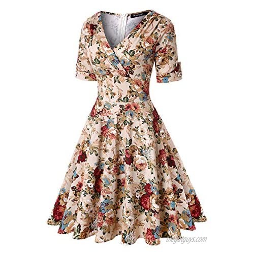 Women's 1950s Audrey Floral Spring Vintage Rockabilly Swing Dress (Floral Apricot Size XXL)
