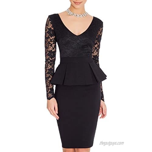 WOOSEA Women's V Neck Long Lace Sleeves Peplum Midi Cocktail Party Dress