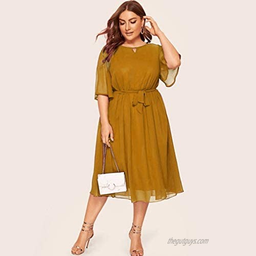 Zpervoba Plus Size Dresses for Womens Elegant Chiffon Flared Short Sleeve Belted Cocktail Party Swing Midi Dress