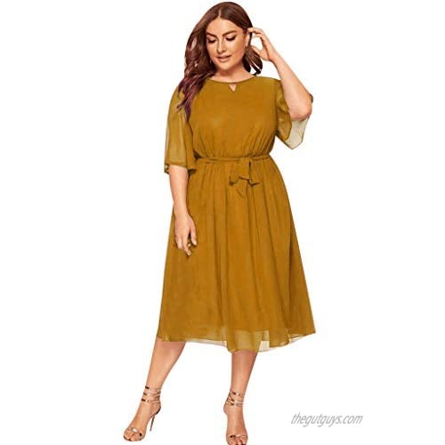 Zpervoba Plus Size Dresses for Womens  Elegant Chiffon Flared Short Sleeve Belted Cocktail Party Swing Midi Dress