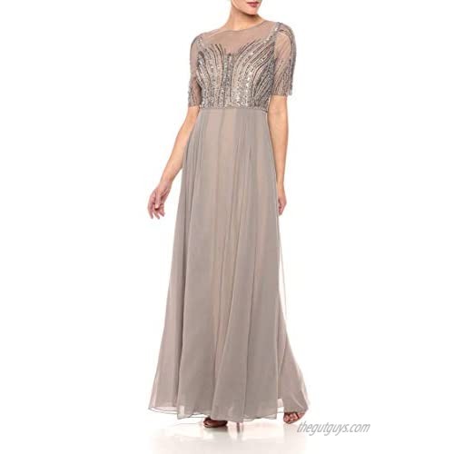 Adrianna Papell Women's Beaded Long Dress with Illusion Neck