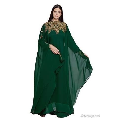 ANIIQ Women Kaftan Farasha Long Maxi Dress Long Sleeves Ethnic Bridal Evening Party Dress with Free Scarf | Size- Free