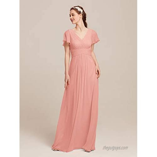 AW BRIDAL Chiffon Bridesmaid Dress with Sleeves Maxi Dresses for Women Party Wedding Mother of The Bride Dresses