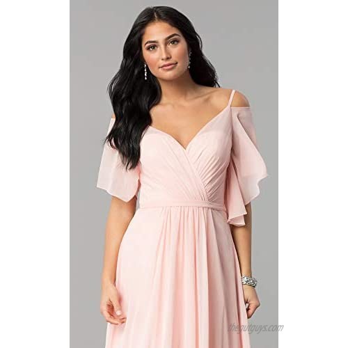 Long Cold Shoulder Pleated Chiffon Birdesmaid Dresses with Sleeves Chifon Formal Wedding Party Dress 2019 B044