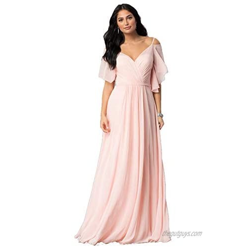 Long Cold Shoulder Pleated Chiffon Birdesmaid Dresses with Sleeves Chifon Formal Wedding Party Dress 2019 B044