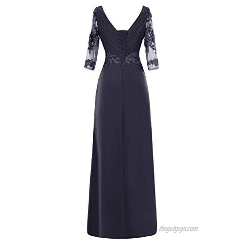 Mother of The Bride Dresses Long Evening Formal Gowns V Neck Lace Applique Beaded Ruffles