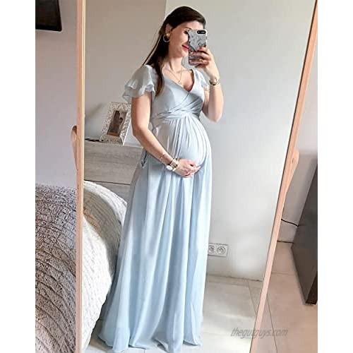 Noras dress V Neck Chiffon Bridesmaid Dresses with Pockets Long Evening Gown Ruffle Sleeve Formal Gowns for Women B149