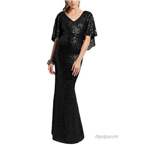 OYISHA Womens Long Elegant Evening Dresses Sequins Formal Dress with Sleeve SQ30