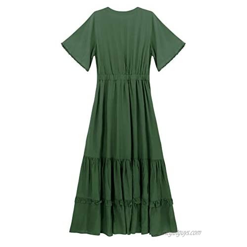 R.Vivimos Womens Summer Cotton Short Sleeve V Neck Floral Print Casual Bohemian Midi Dresses