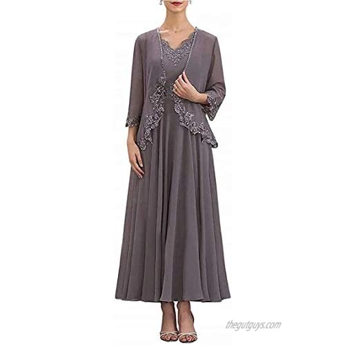 Two Piece Chiffon V Neck Mother of The Bride Dresses for Women Long Lace Formal Gowns 2021