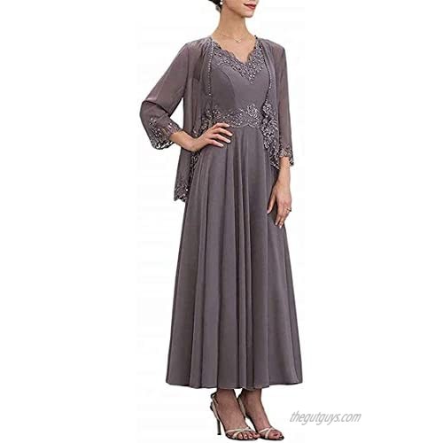 Two Piece Chiffon V Neck Mother of The Bride Dresses for Women Long Lace Formal Gowns 2021
