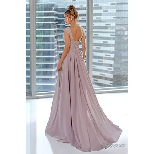 Women's Cap Sleeve A-line Lace Bodice Formal Evening Gown Long Bridesmaid Dress