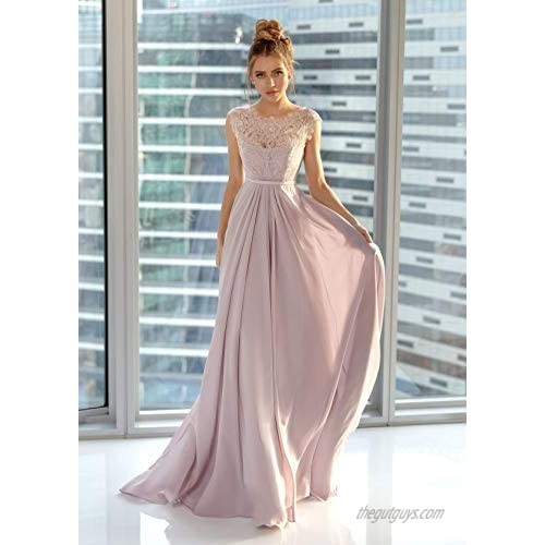 Women's Cap Sleeve A-line Lace Bodice Formal Evening Gown Long Bridesmaid Dress