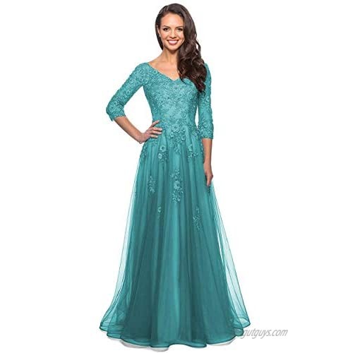 Women's Lace Appliques Mother of The Bride Dresses Long Formal Gowns with Sleeves