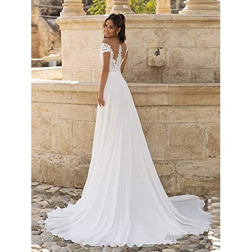 Women's Spagehtti Strap Wedding Dresses for Bride A-line Chiffon Lace Beach Bridal Gown