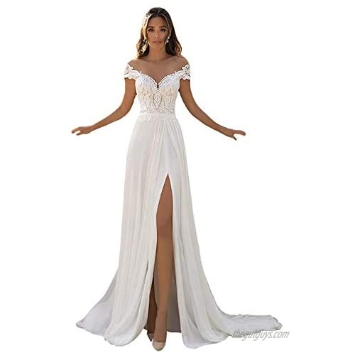Women's Spagehtti Strap Wedding Dresses for Bride A-line Chiffon Lace Beach Bridal Gown