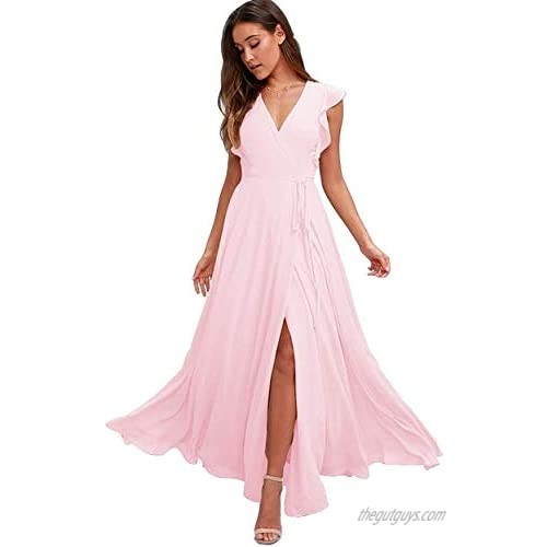 Women's V Neck A Line Split Bridesmaid Dresses Long Formal Evening Prom Dress with Sleeves