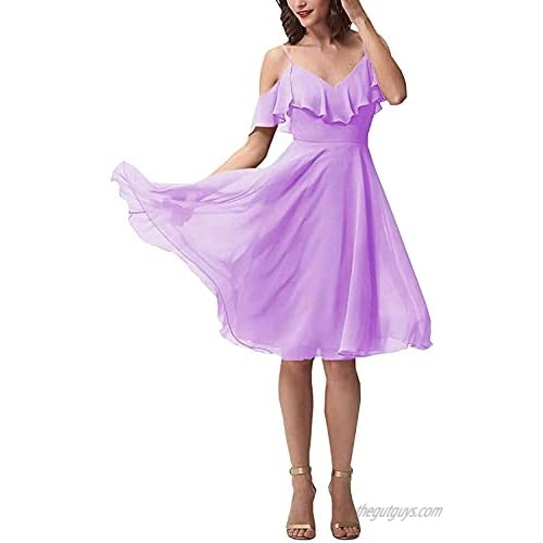 Yadressy Women's Dress Short Bridesmaid Dresses Chiffon A Line Ball Gowns V Neck Formal Party Dresses with Ruffles YB013