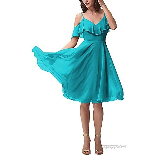 Yadressy Women's Dress Short Bridesmaid Dresses Chiffon A Line Ball Gowns V Neck Formal Party Dresses with Ruffles YB013