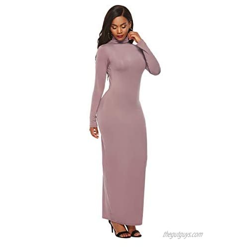 YMING Women’s Casual Long Sleeve Turtleneck Maxi Bodycon Solid Color Long Dress