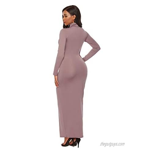 YMING Women’s Casual Long Sleeve Turtleneck Maxi Bodycon Solid Color Long Dress