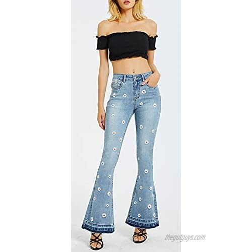 CHARTOU Women's Trendy Stretch Distressed Embroidered Wide Leg Denim Jeans Bell Bottom Flare Pants