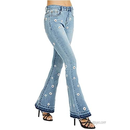 CHARTOU Women's Trendy Stretch Distressed Embroidered Wide Leg Denim Jeans Bell Bottom Flare Pants