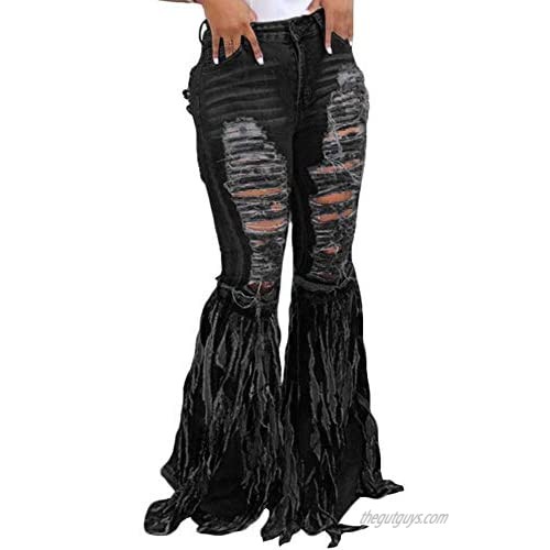 Kabxryaclo Womens Bell Bottom Jeans Ripped Fringe Mop Tassel Fancy Solid Denim Flared Pants