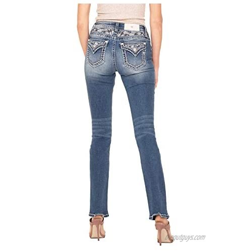 Miss Me Jeans Plaid Flannel & Pearl Mid Rise Straight Leg Medium Blue Wash M3616T