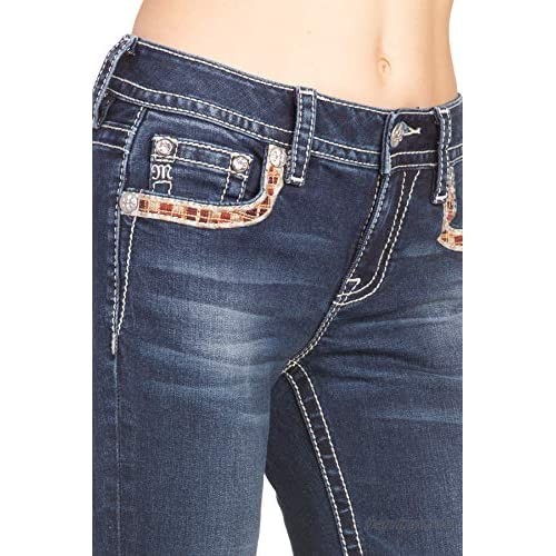 Miss Me Women's Chloe Mid-Rise Slim Fit Bootcut Jeans with Plaid Embroidered and Floral Faux Flap Pockets