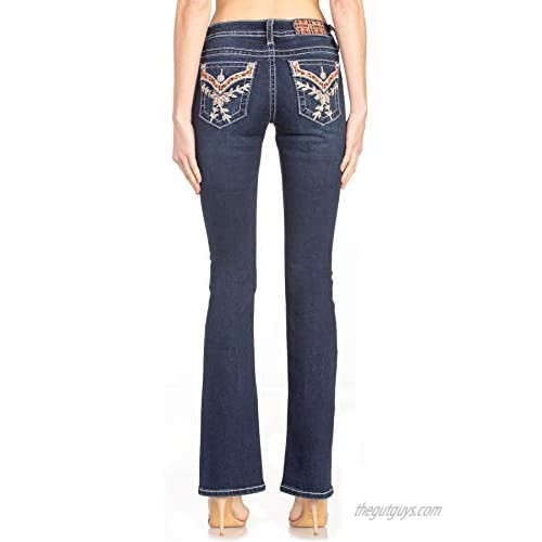 Miss Me Women's Chloe Mid-Rise Slim Fit Bootcut Jeans with Plaid Embroidered and Floral Faux Flap Pockets