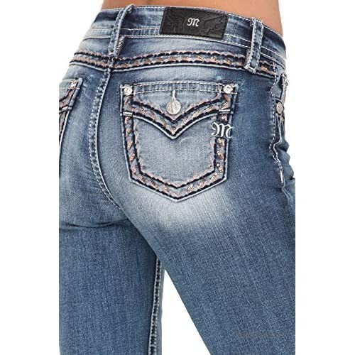Miss Me Women's Mid-Rise Chloe Boot Jeans with Faux Flap Pocket and Sequins Embellishments