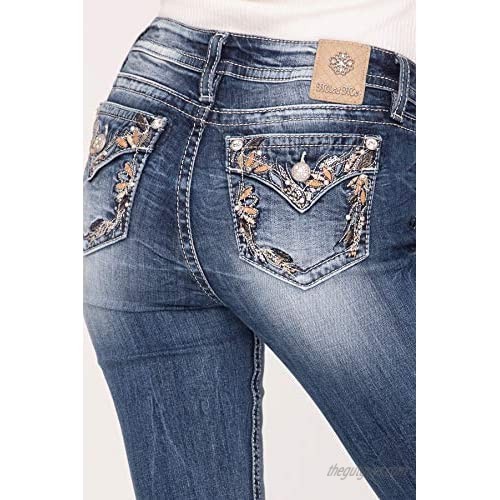 Miss Me Women's Mid-Rise Hailey Skinny Jeans with Pink Floral Embellishments