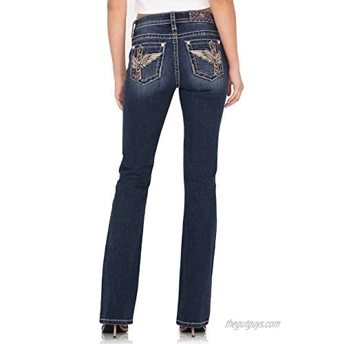 Miss Me Women's Mid-Rise Slim Fit Bootcut Embroidered Wing Pocket Jeans