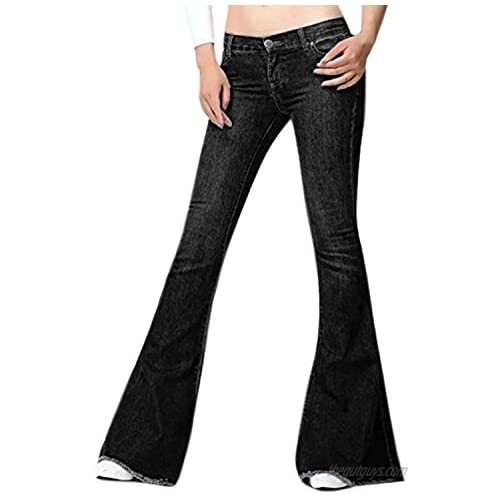 Misscat Women Flared Jeans Low Waist Skinny Denim Long Trousers Plus Size Bell Bottom Pants