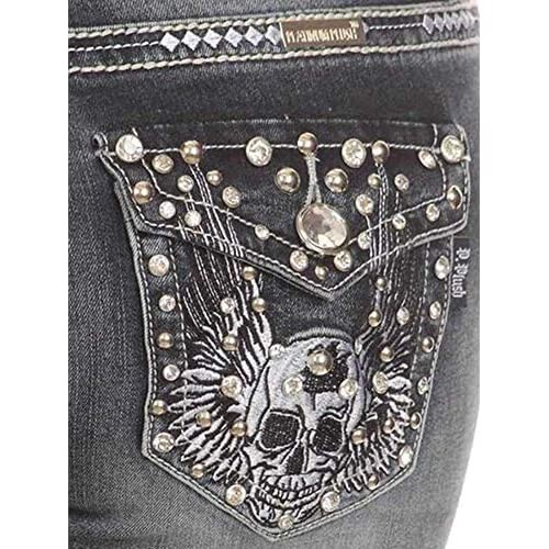 Sexy Biker Mid Rise Stretch Skull Jeans for Women - Boot Cut Bling Jeans - Naughty Too by Tara Ley