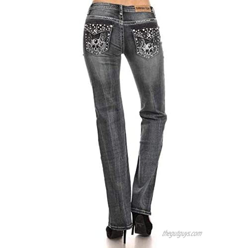 Sexy Biker Mid Rise Stretch Skull Jeans for Women - Boot Cut Bling Jeans - Naughty Too by Tara Ley