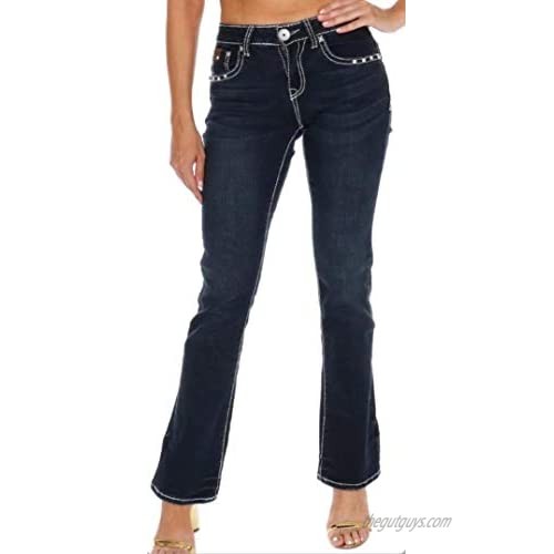 SEXY COUTURE Women's S475-PB Cross Rhinestone Mid Rise Boot Cut Dark Wash Denim Jeans 3-17