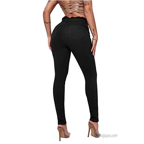 SweatyRocks Women's Elastic Paper Bag Waist Long Pants Belted Jeans with Pockets
