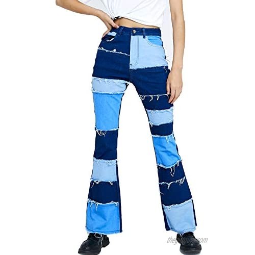 Women Jeans Patch Bell Bottom Denim Pants Ladies High Rise Casual Jeans