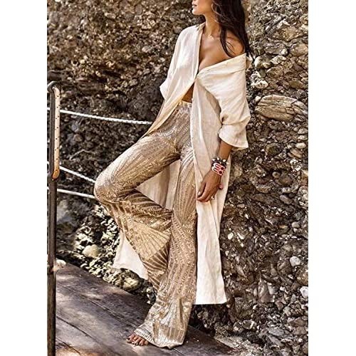 Bdcoco Womens High Waist Sequin Sparkle Flared Pants Wide Leg Bell Bottom Trousers